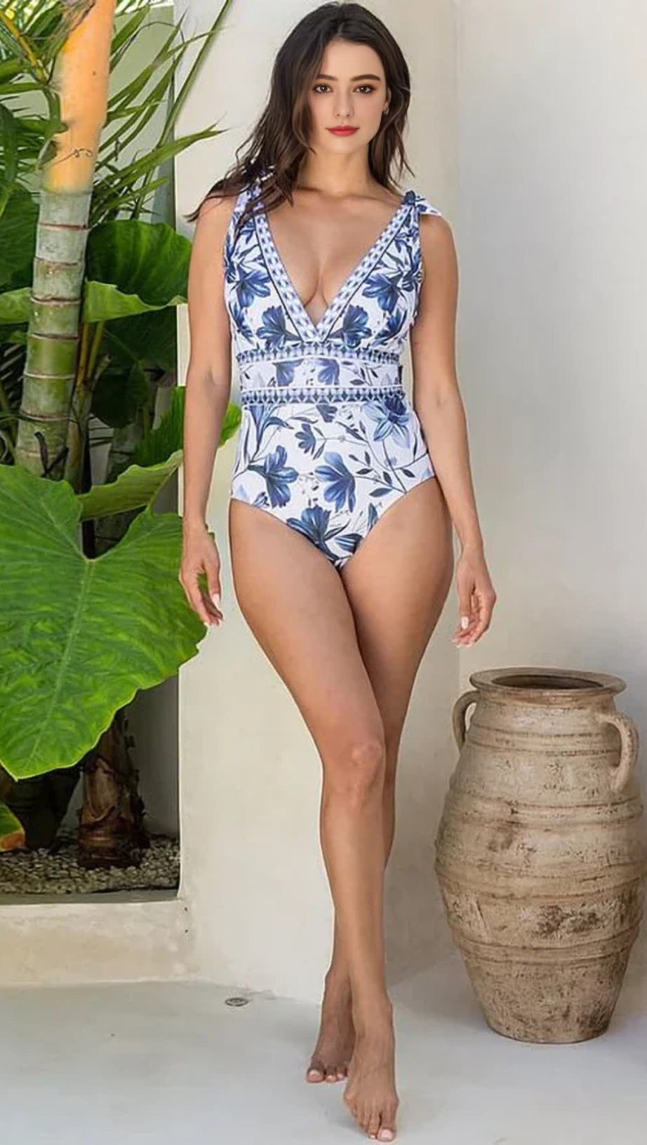 V-NECK LACE PATTERNED PRINTED ONE-PIECE SWIMSUIT AND SKIRT