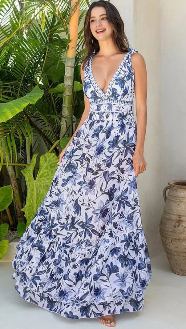 AIIZIE V-NECK LACE PATTERNED PRINTED ONE-PIECE SWIMSUIT AND SKIRT - product image