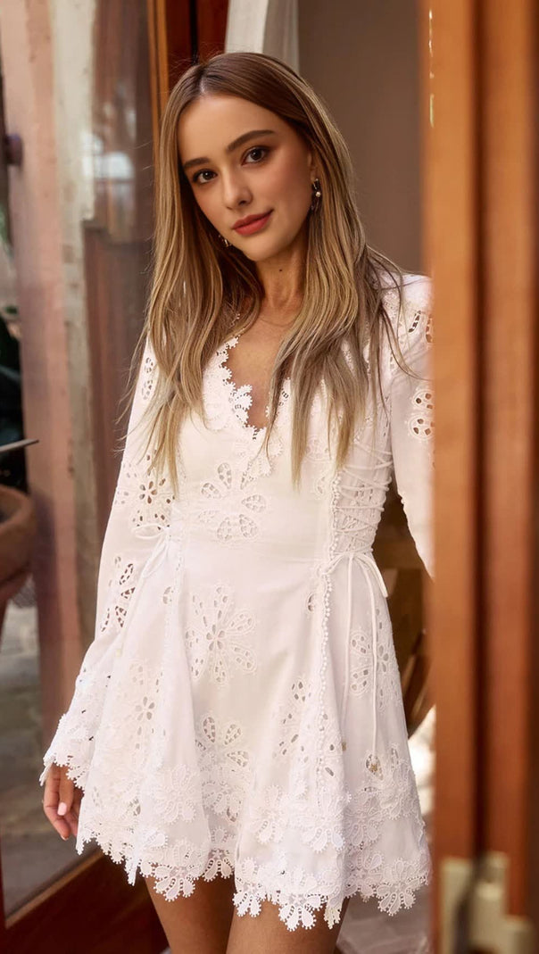 AIIZIE FLOWER EMBROIDERY HOLLOW MINI DRESS IN WHITE - product image