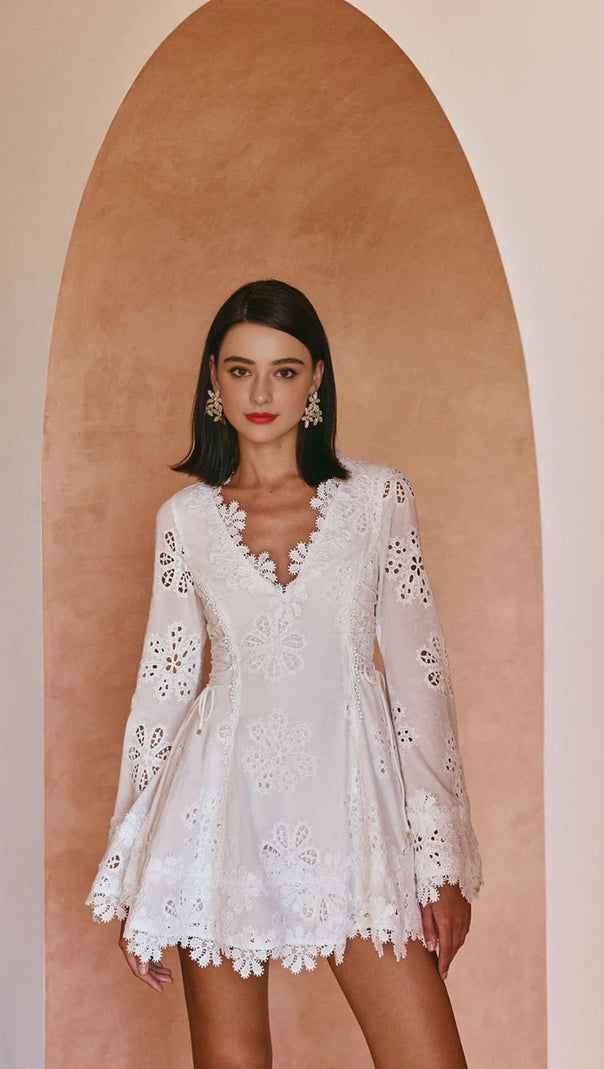 AIIZIE FLOWER EMBROIDERY HOLLOW MINI DRESS IN WHITE - product image