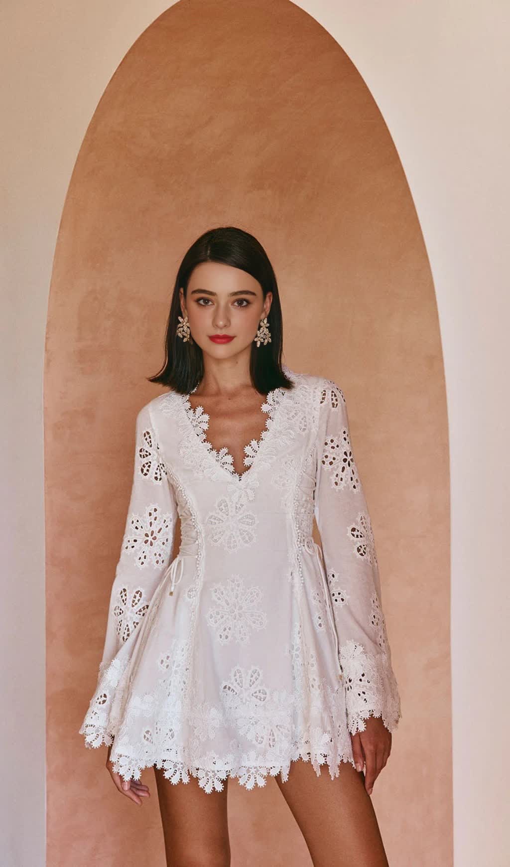 FLOWER EMBROIDERY HOLLOW MINI DRESS IN WHITE