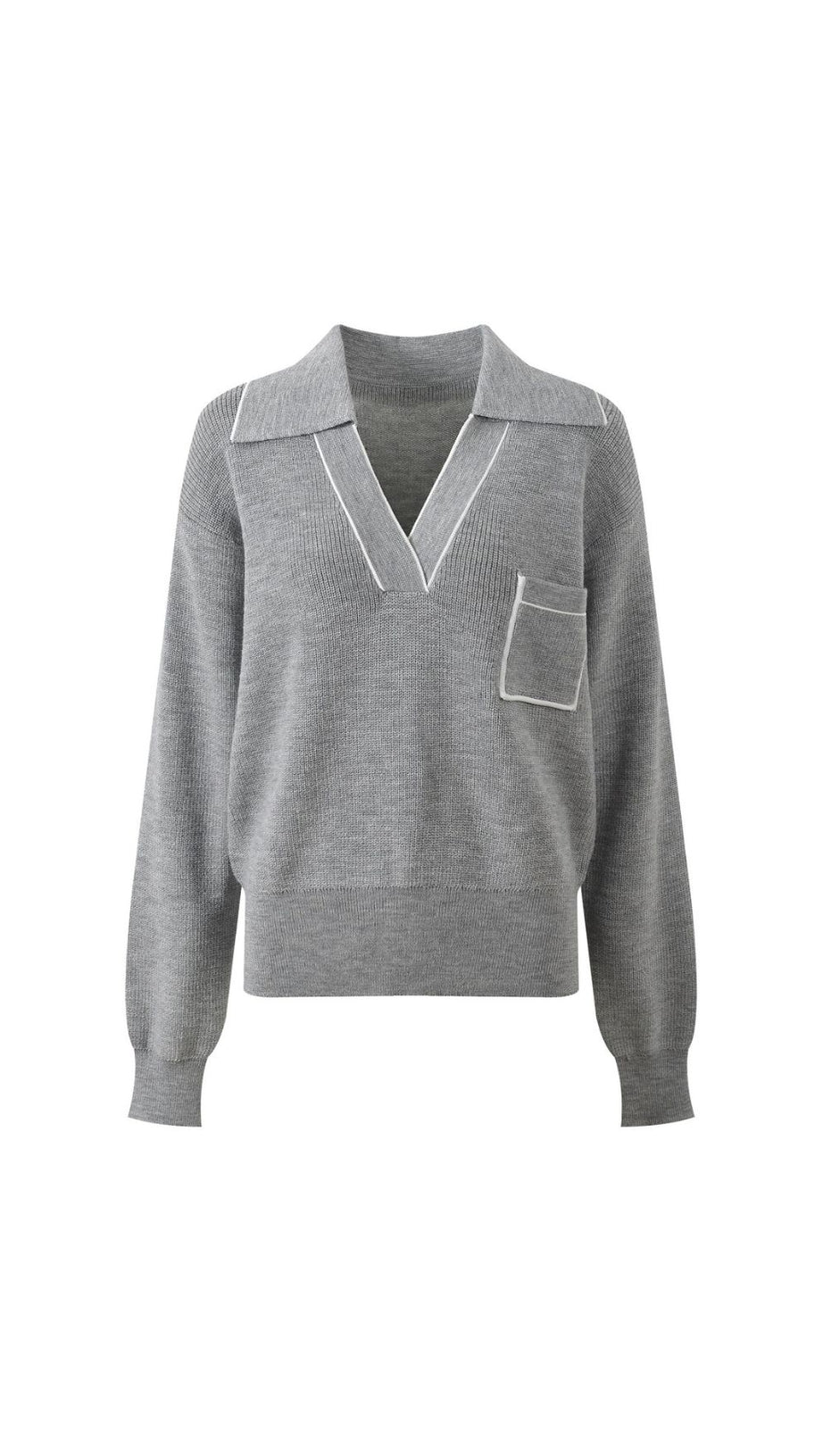 Berlin Chic Knit Polo Sweater with Contrast Piping | Women's Grey V-Neck Top