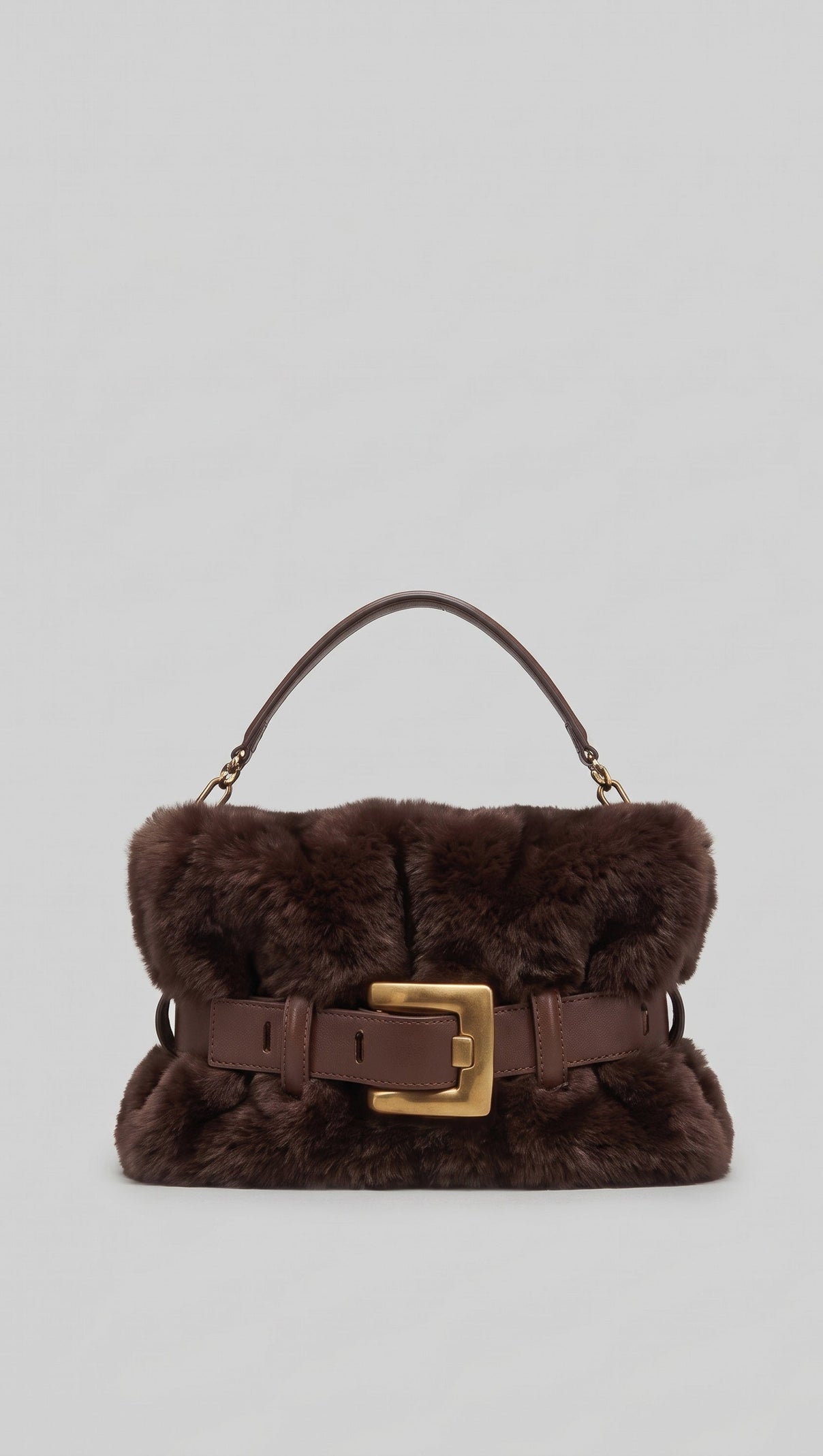 Faux Fur Handbag with Belt Buckle Detail – Brown