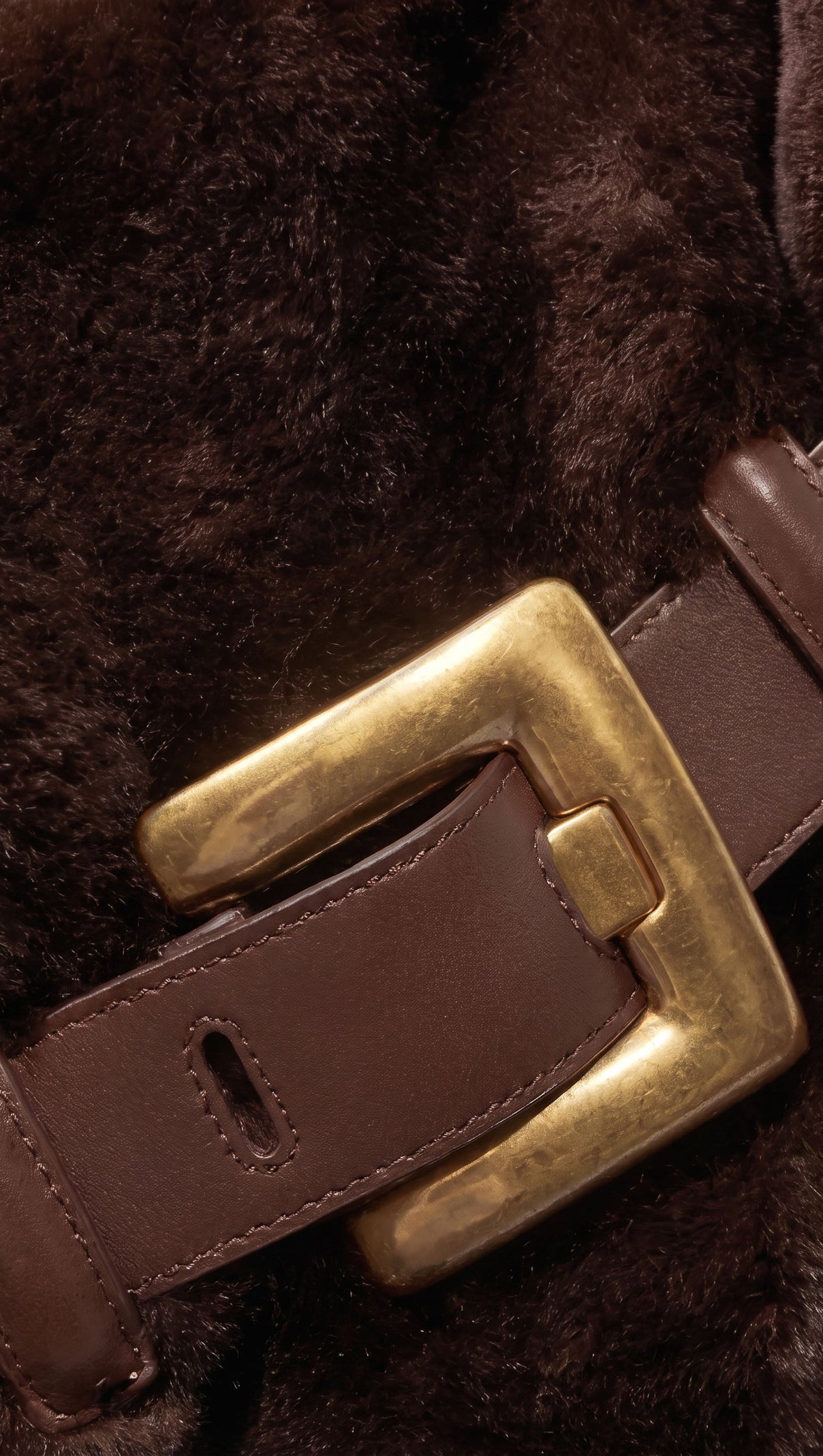 Faux Fur Handbag with Belt Buckle Detail – Brown