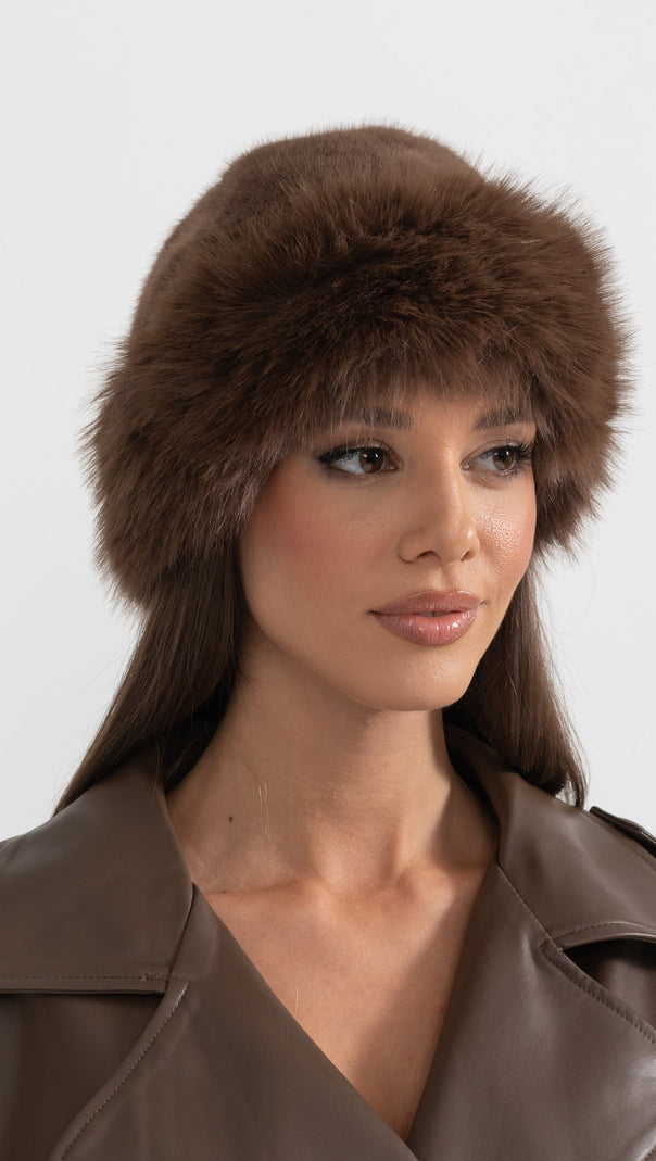 Faux Fur Hat With Wide Brim - Brown