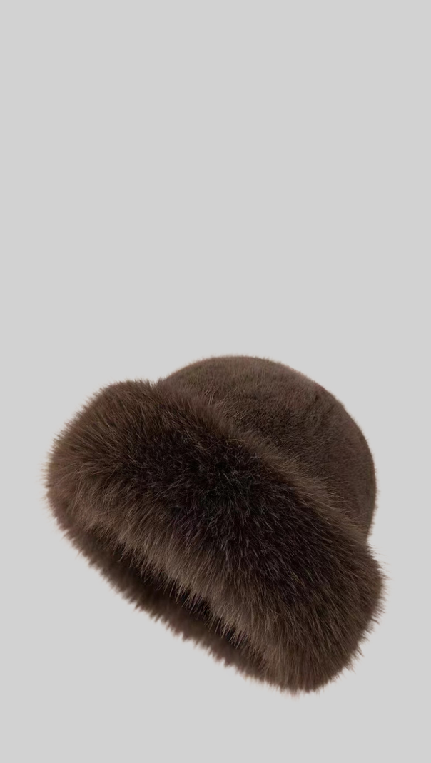 Faux Fur Hat With Wide Brim - Brown