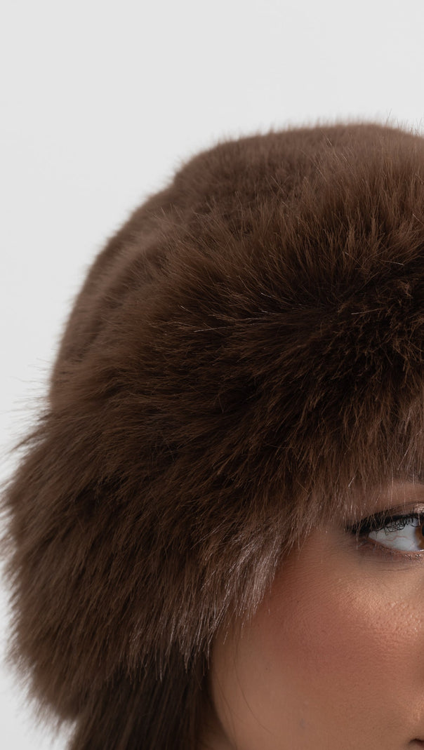 Faux Fur Hat With Wide Brim - Brown