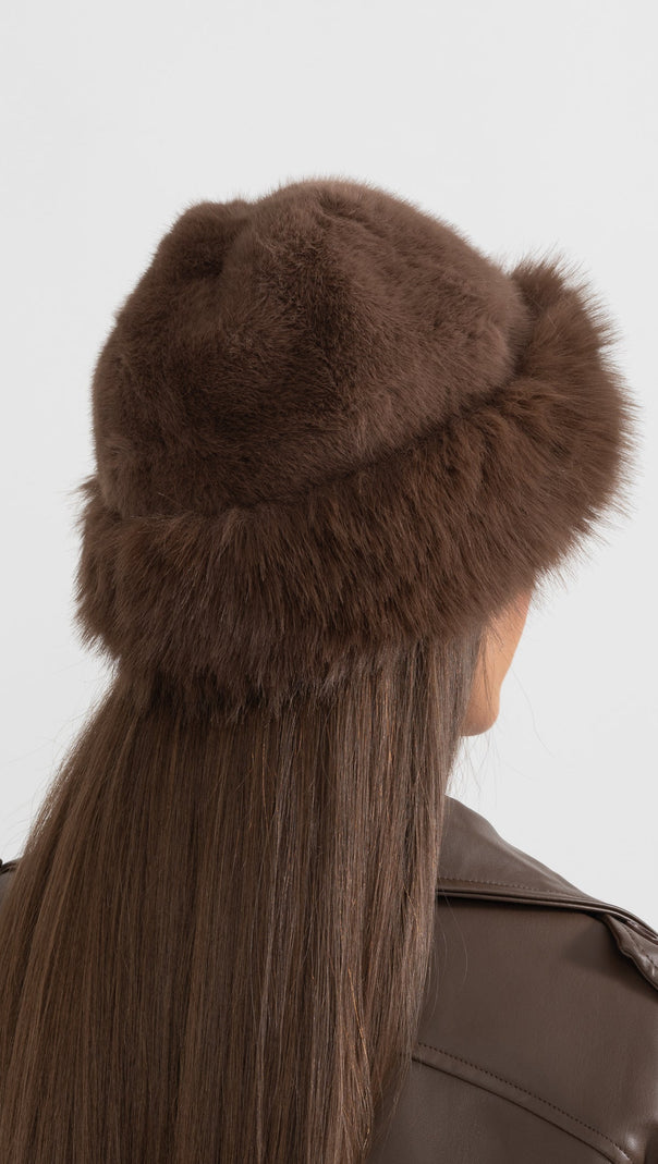 Faux Fur Hat With Wide Brim - Brown