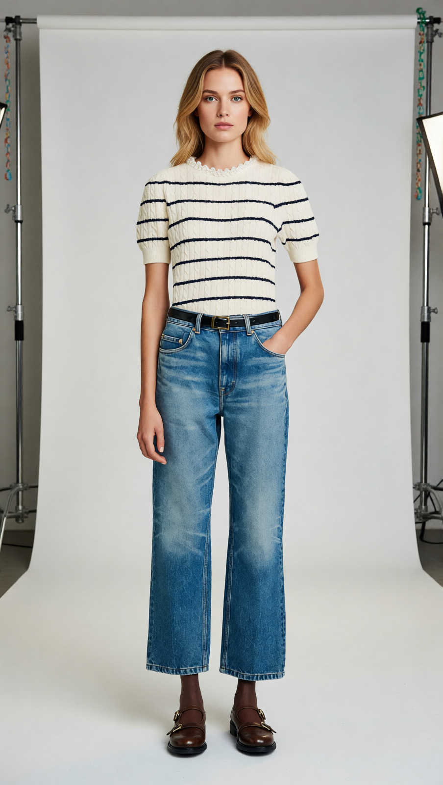 Chic Faux Pearl Collar Striped Cable Knit Sweater - Women's Short Sleeve Top