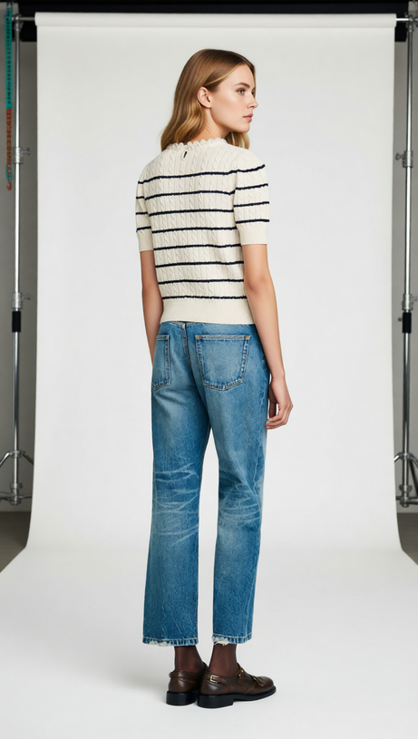 Chic Faux Pearl Collar Striped Cable Knit Sweater - Women's Short Sleeve Top