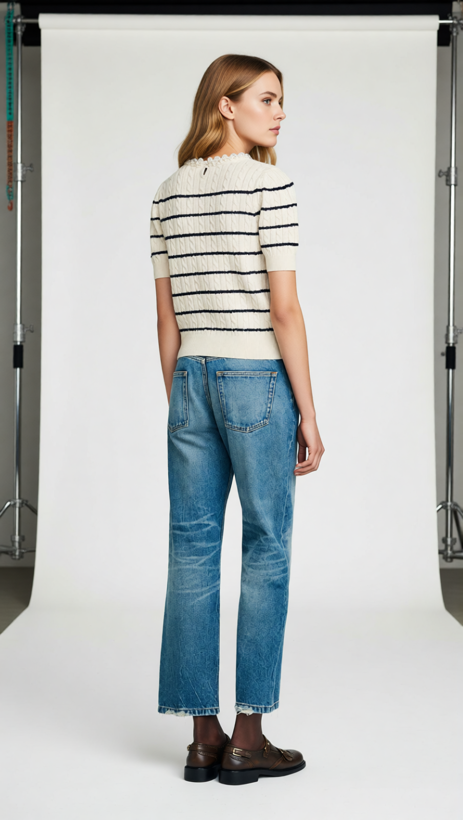 Chic Faux Pearl Collar Striped Cable Knit Sweater - Women's Short Sleeve Top