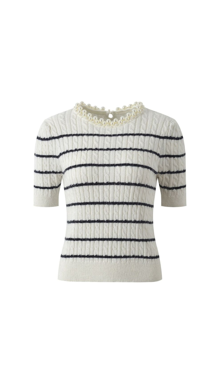 Chic Faux Pearl Collar Striped Cable Knit Sweater - Women's Short Sleeve Top
