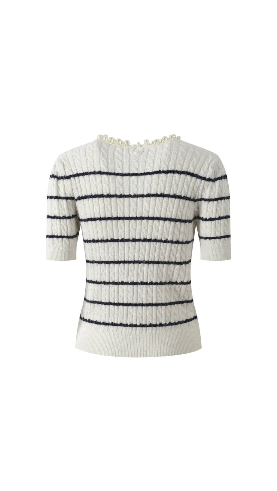 Chic Faux Pearl Collar Striped Cable Knit Sweater - Women's Short Sleeve Top