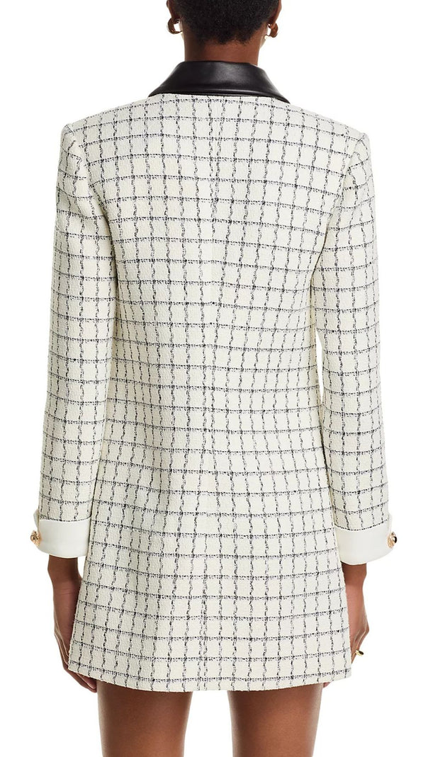 AIIZIE Luxe Windowpane Bouclé Mini Dress with Leather Trim & Gold Buttons - product image