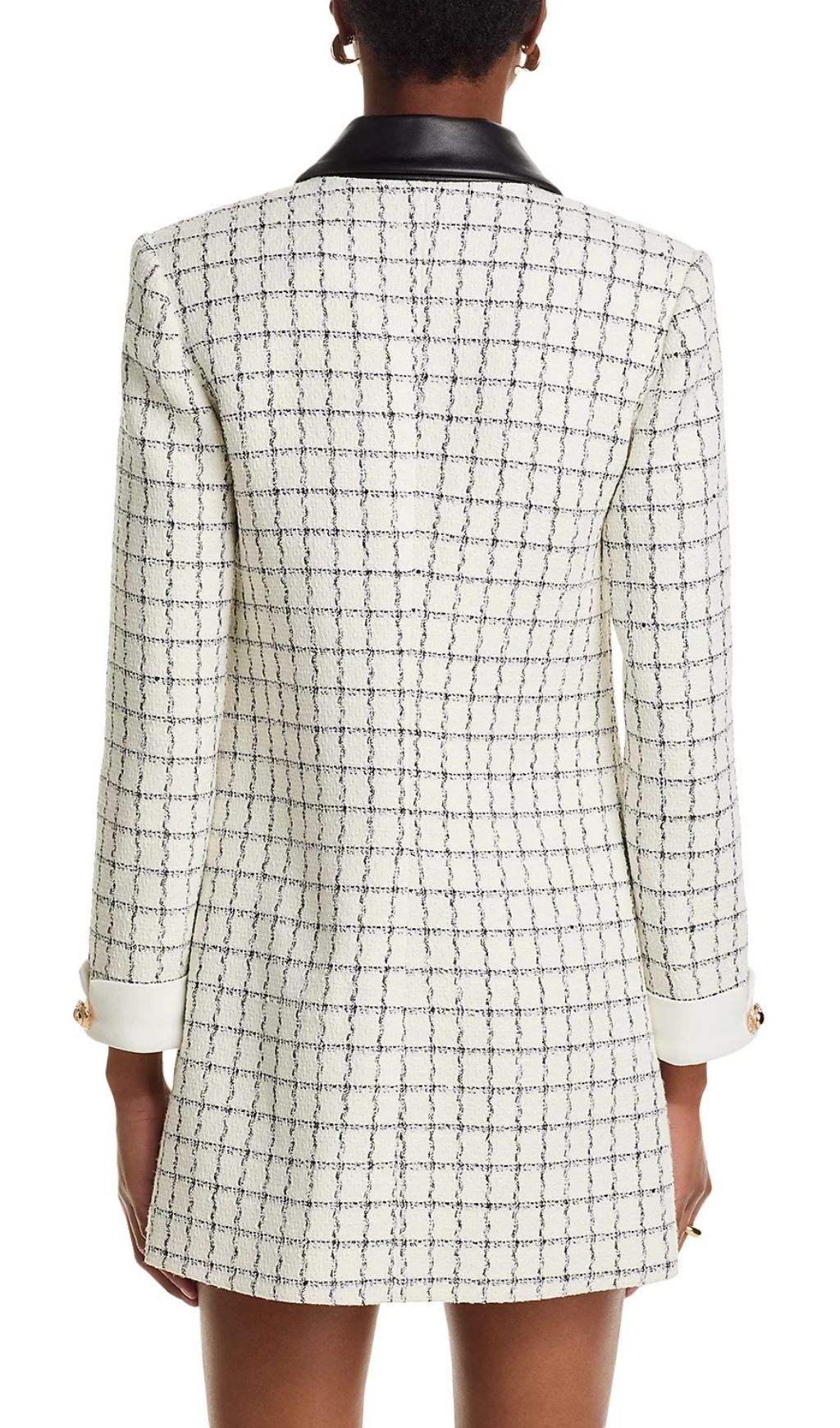 Luxe Windowpane Bouclé Mini Dress with Leather Trim & Gold Buttons