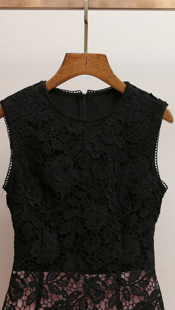 AIIZIE HUMITA ENCHANTING BLACK LACE & BLUSH TIERED TULLE MAXI DRESS - product image