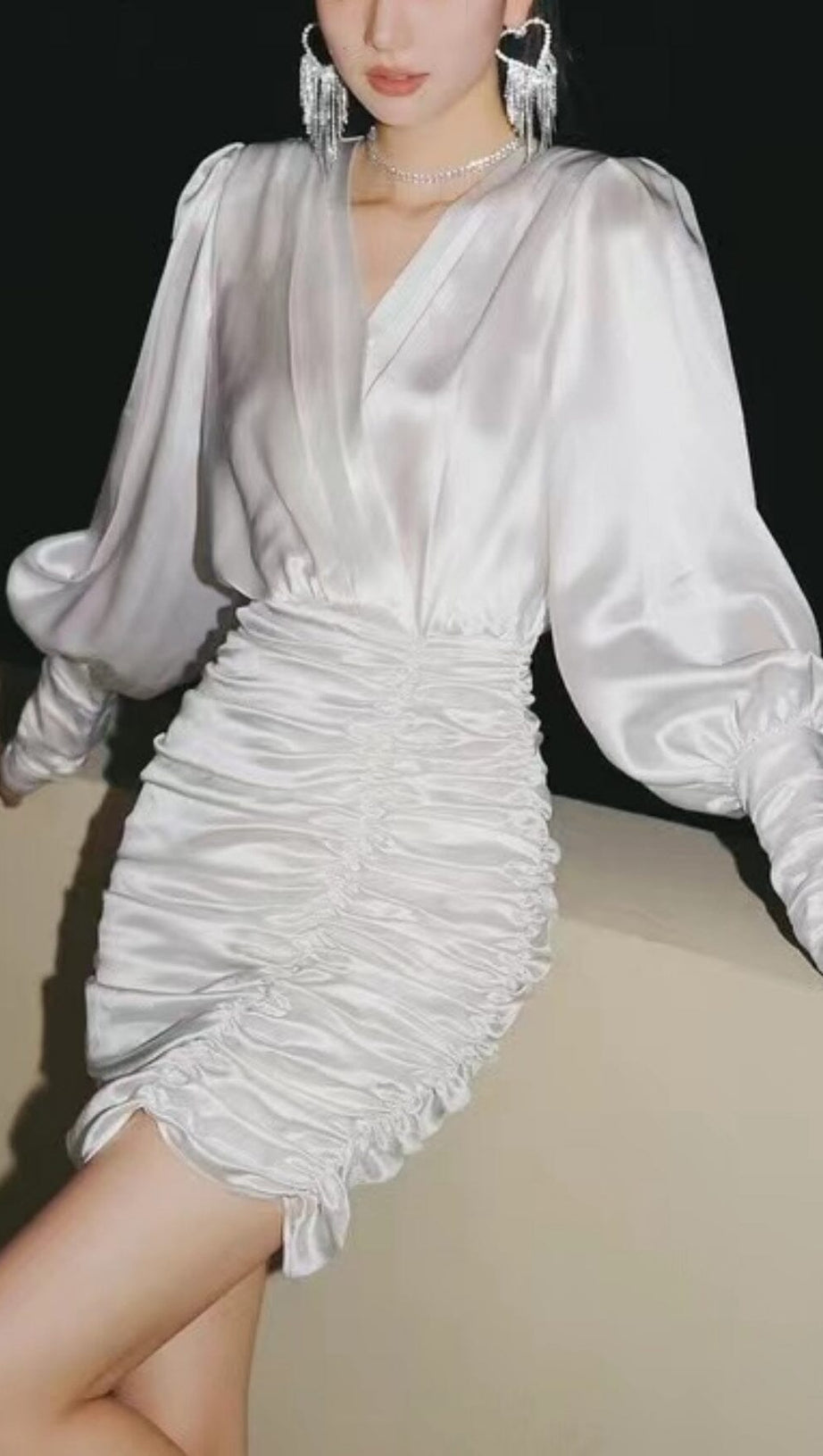 SEXY SLIM DEEP V LONG SLEEVES SILK SIMILAR MINI DRESS