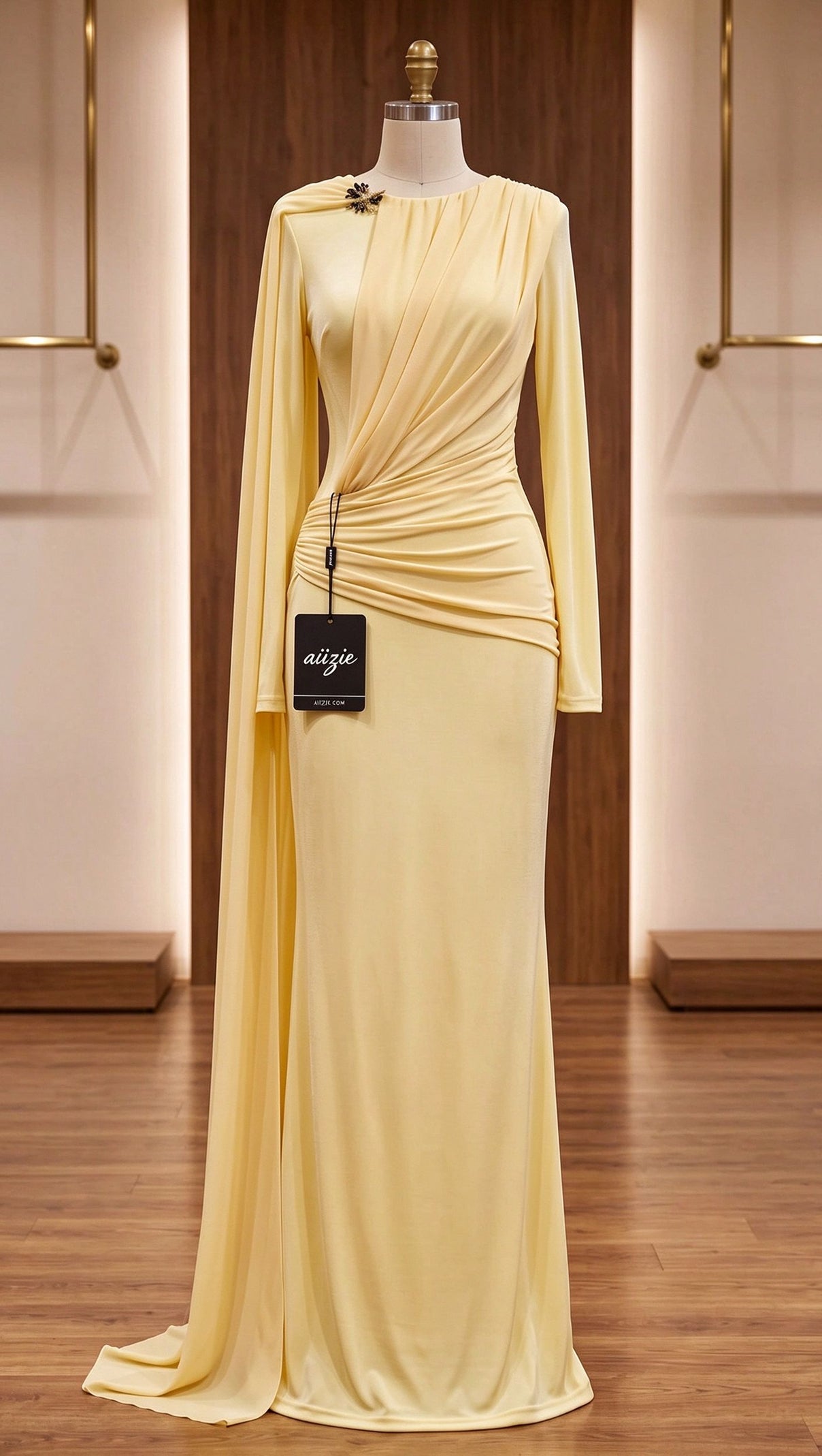 Pale Yellow Fine Stretch Knit Column Evening Gown with Asymmetric Draped Cape