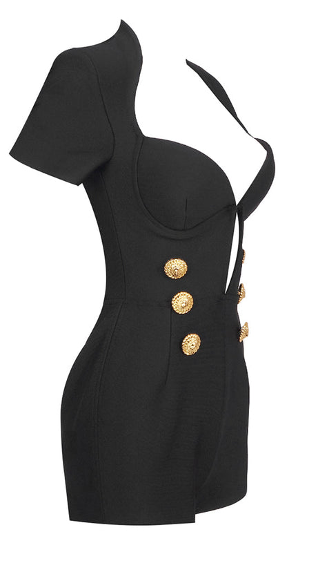 BLANCHE V NECK BANDAGE BUTTONED PLAYSUITS IN BLACK