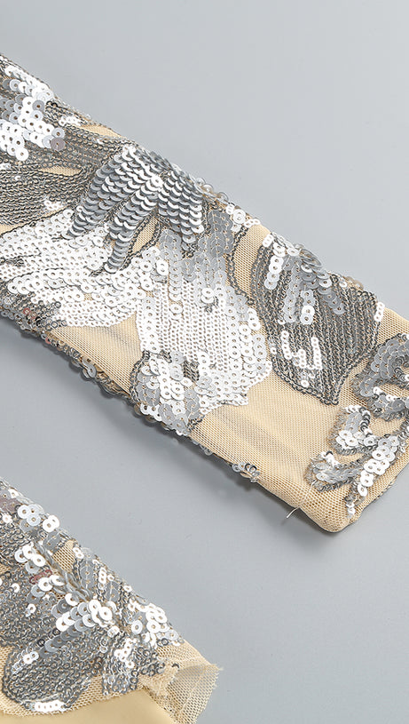 Langarm-Jumpsuit mit Pailletten in Sandsilber