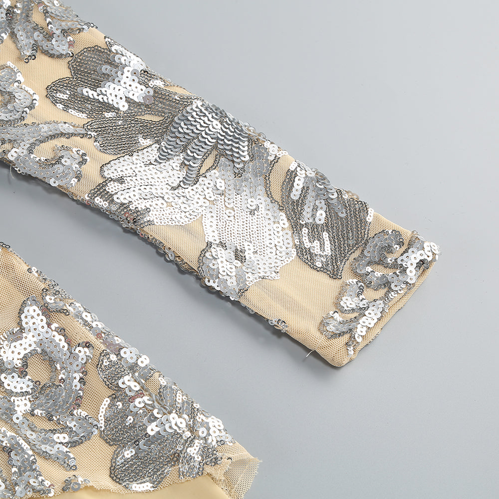 Langarm-Jumpsuit mit Pailletten in Sandsilber