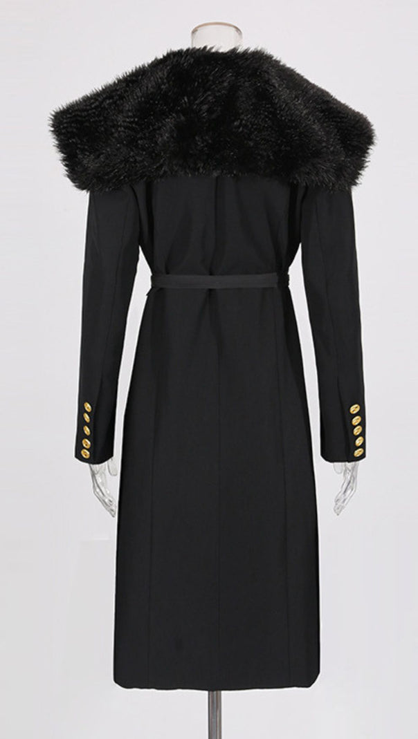 AIIZIE Ismail Luxe Black Fur Collar Coat: Elegant Winter Warmth with Gold Belt Detail - product image