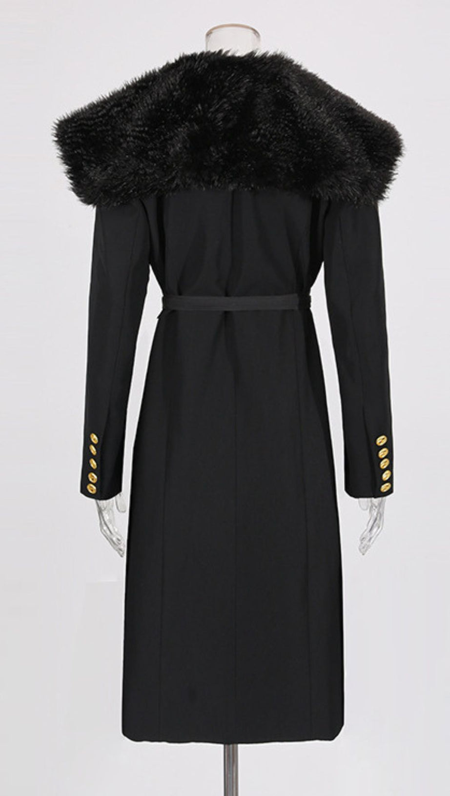 Ismail Luxe Black Fur Collar Coat: Elegant Winter Warmth with Gold Belt Detail