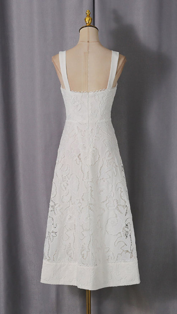 AIIZIE Jenelle Elegant White Floral Embroidered Midi Dress | Strappy Square Neck for Summer Events - product image