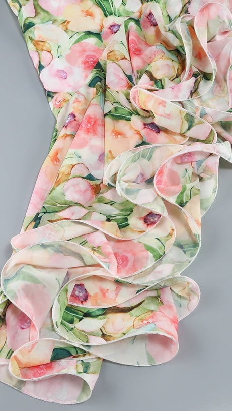 SABINA PINK GREEN ASYMMETRIC FLORAL HALTER MIDI DRESS