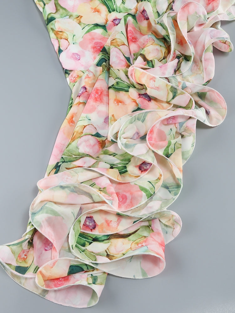AIIZIE SABINA PINK GREEN ASYMMETRIC FLORAL HALTER MIDI DRESS - product image