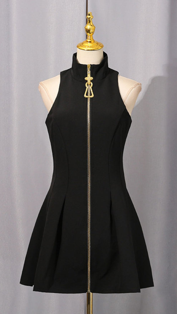 AIIZIE IDOLA BLACK HIGH-NECK MINI DRESS | STATEMENT GOLD ZIPPER SLEEVELESS LBD - product image