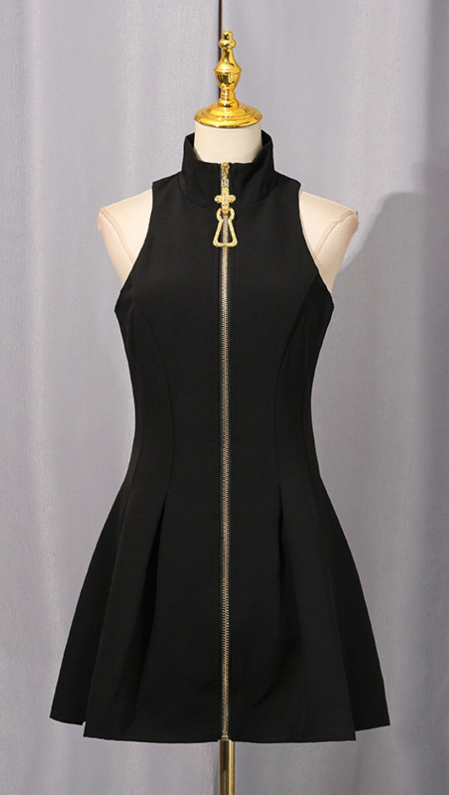 IDOLA BLACK HIGH-NECK MINI DRESS | STATEMENT GOLD ZIPPER SLEEVELESS LBD
