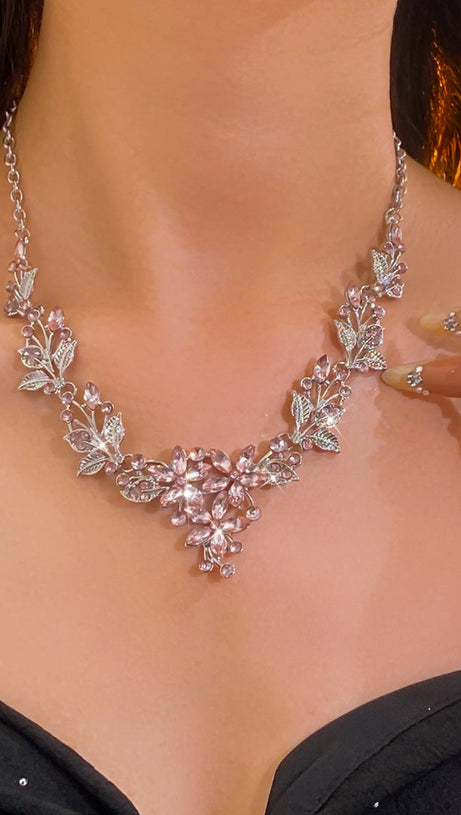 Juelz Sparkling Pink Crystal Flower & Leaf Necklace & Earrings Set