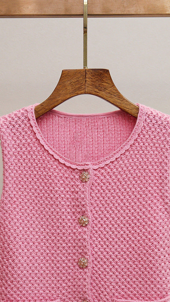 CHIC PINK KNIT VEST FOR WOMEN | ELEGANT SCALLOPED NECKLINE & GOLD BUTTON DETAILS