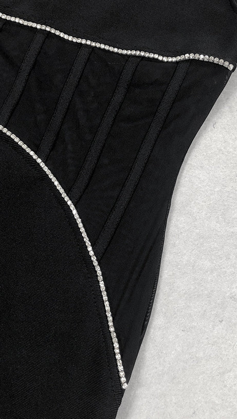 TRACY CRYSTAL STRIPE EMBELLISHED ONE-SHOULDER BLACK MAXI DRESS