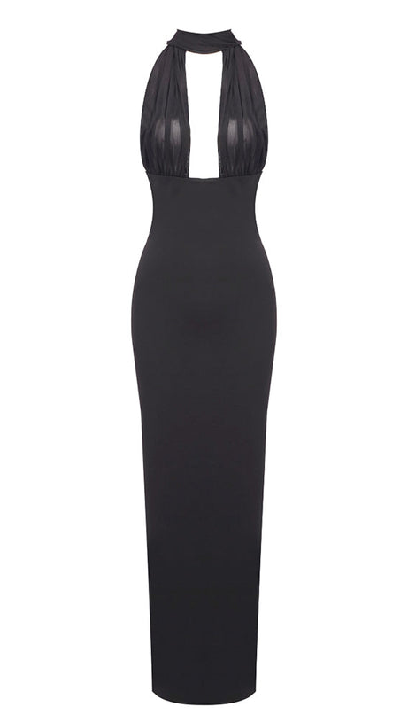 MERRY BLACK SHEER MESH UPPER PONTE LOWER MAXI DRESS