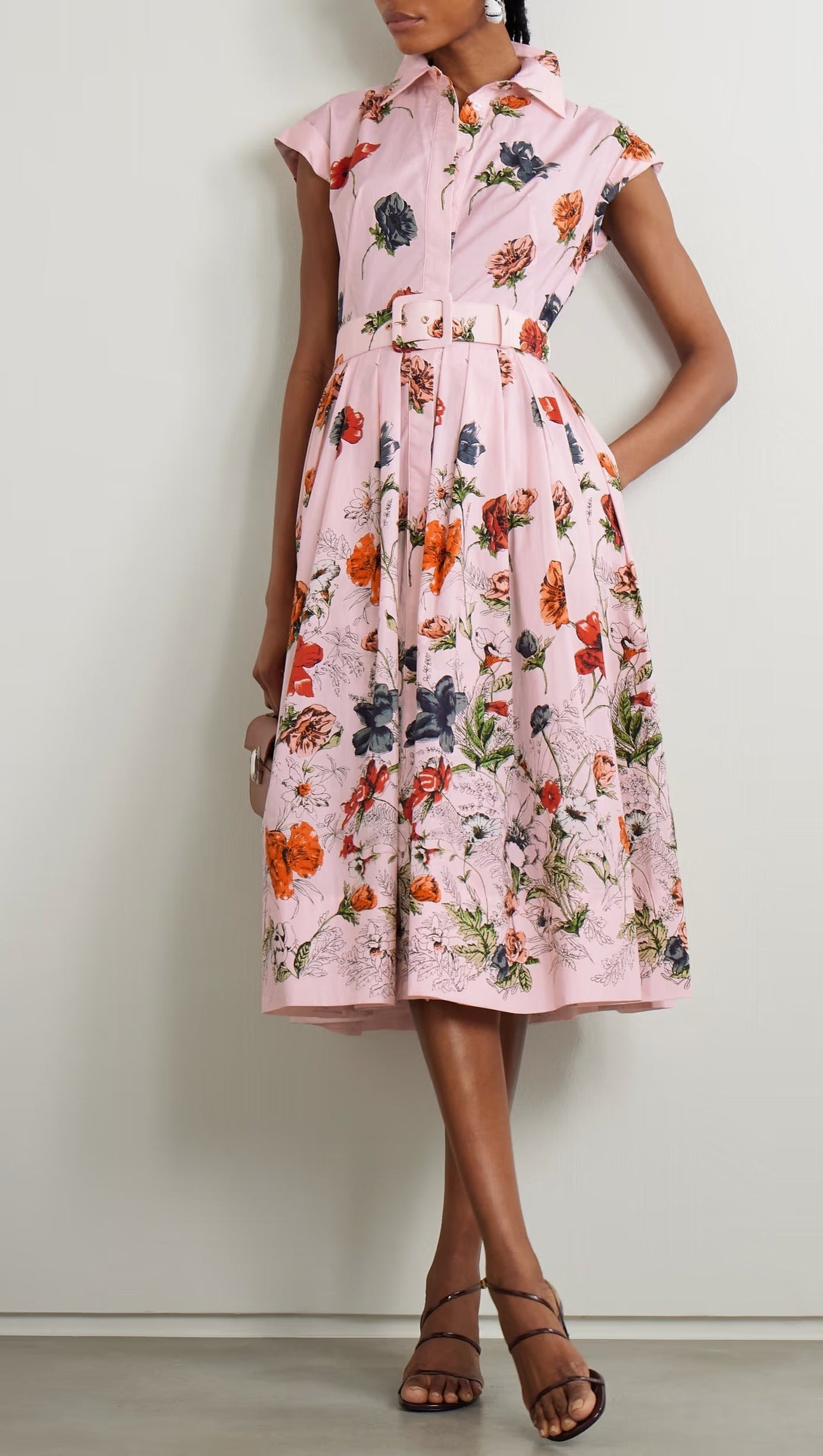 BELTED PLEATED FLORAL-PRINT COTTON-POPLIN MIDI SHIRT DRESS - PINK