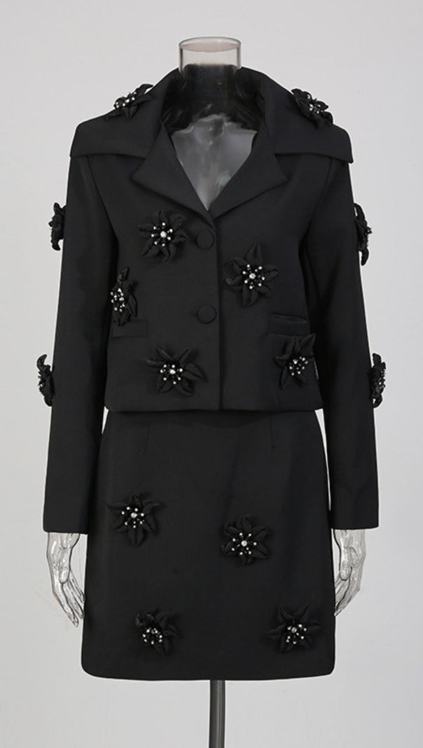 AIIZIE Janiyah White Floral Embellished Crop Blazer & Mini Skirt Set - product image