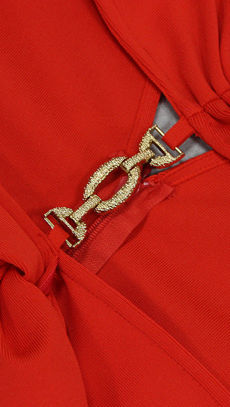 CUT OUT KNIT BANDAGE MIDI DRESS IN RED