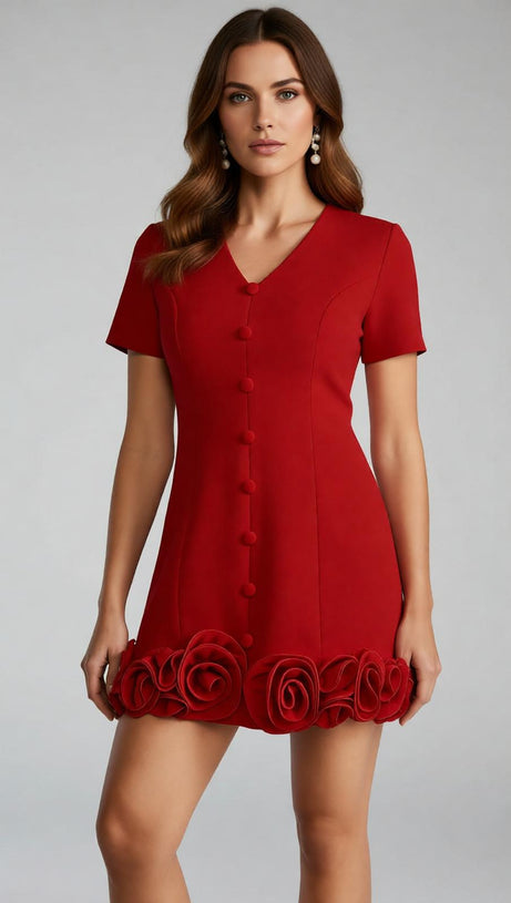 Ferdy Chic Red V-Neck Mini Dress with 3D Rose Hem Detail