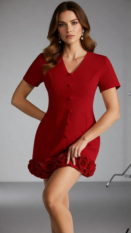 Ferdy Chic Red V-Neck Mini Dress with 3D Rose Hem Detail