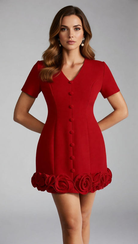 Ferdy Chic Red V-Neck Mini Dress with 3D Rose Hem Detail