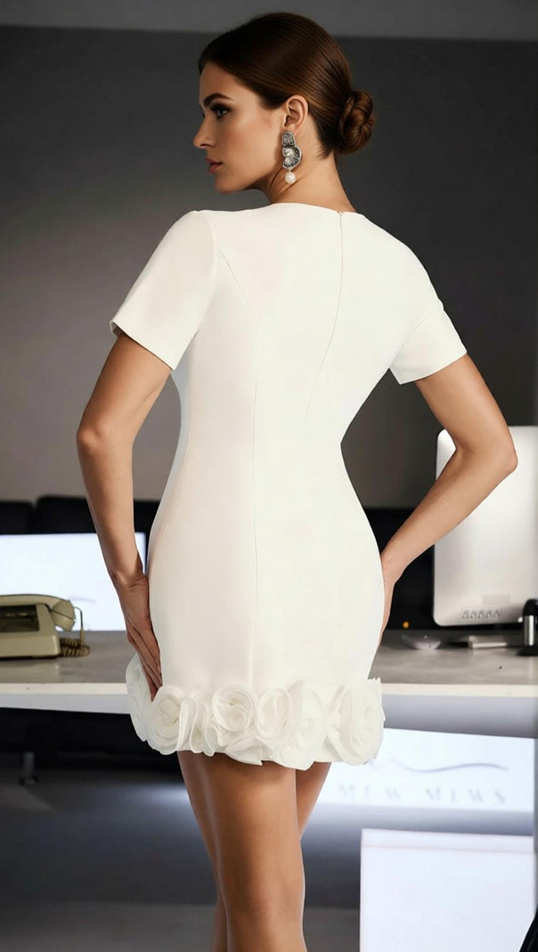 AIIZIE Chic Ferdy White V-Neck Mini Dress with Sculpted 3D Floral Hem - product image