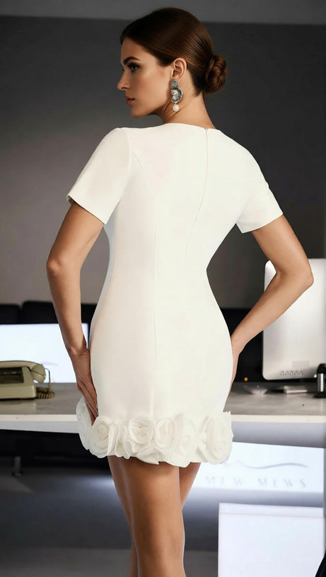 Chic Ferdy White V-Neck Mini Dress with Sculpted 3D Floral Hem