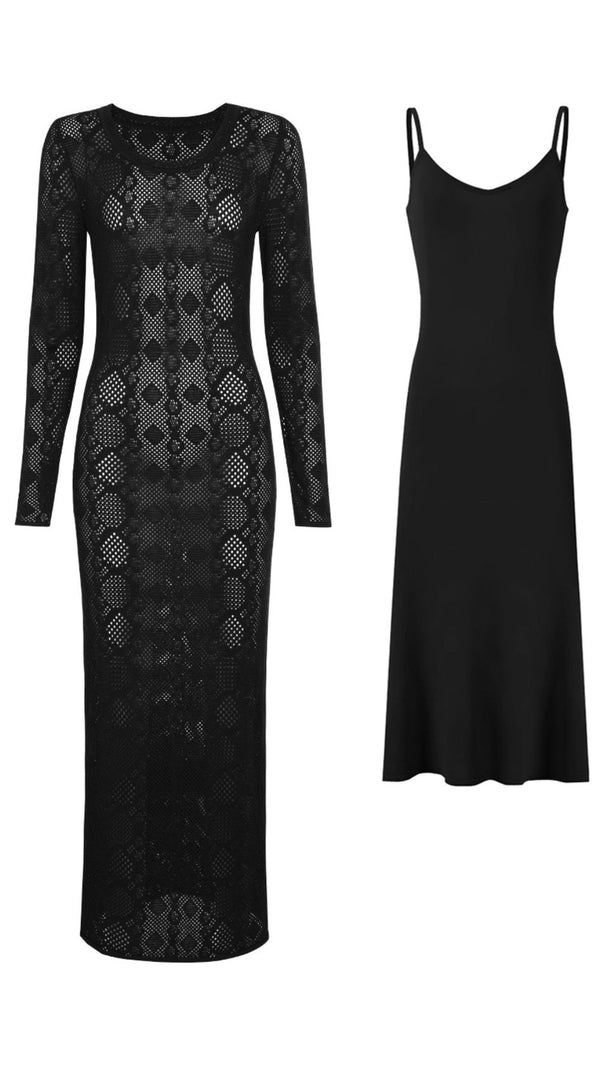 AIIZIE Jaime Luxe Emerald Green Sheer Knit Midi Dress & Slip Set | Versatile 2-Piece - product image