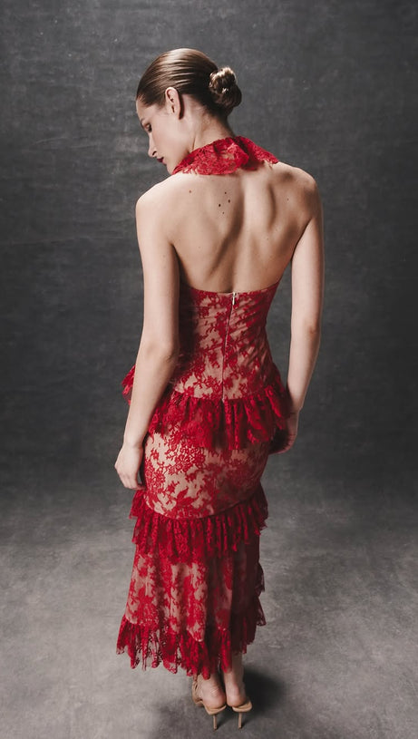 BACKLESS LACE RUFFLED HALTER NECK RED MIDI DRESS