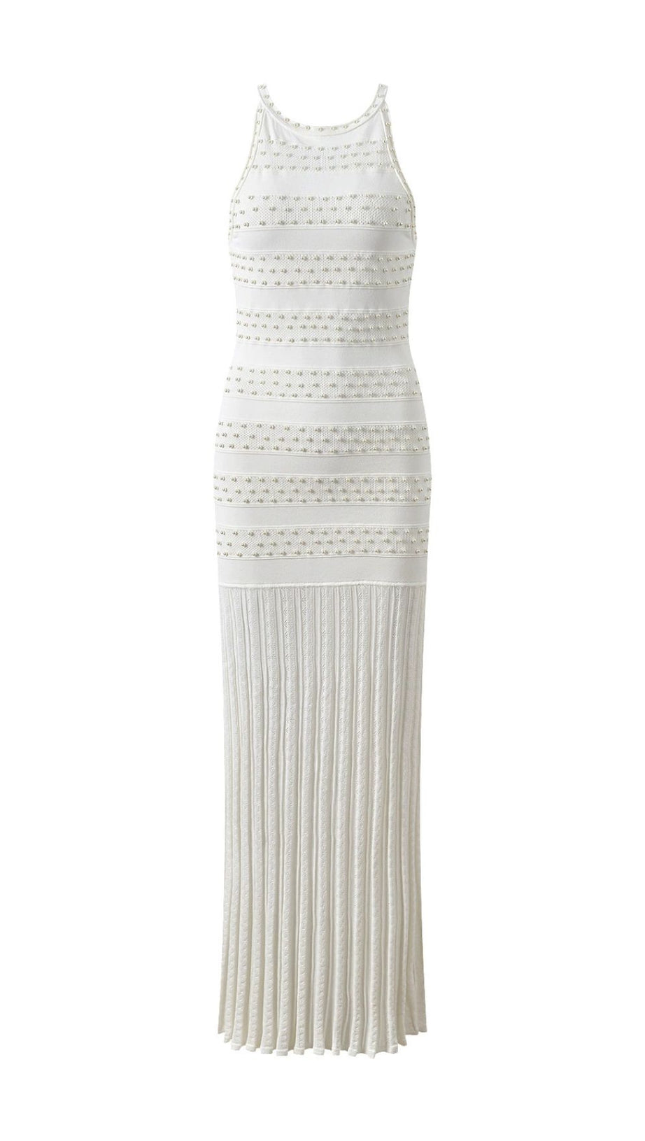 Elegant White Faux Pearl Beaded Midi Dress | Sleeveless Pleated Gown