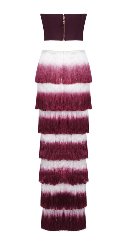 STRAPLESS TASSEL TWO PIECE MAXI DRESS BURGUNDY