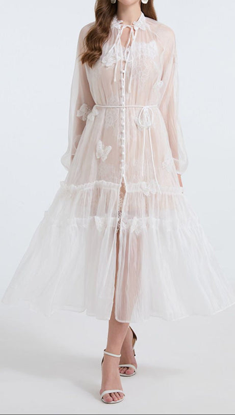 SEE-THROUGH BLOUSE MAXI DRESS WITH LACE SKIRT IN WHITE