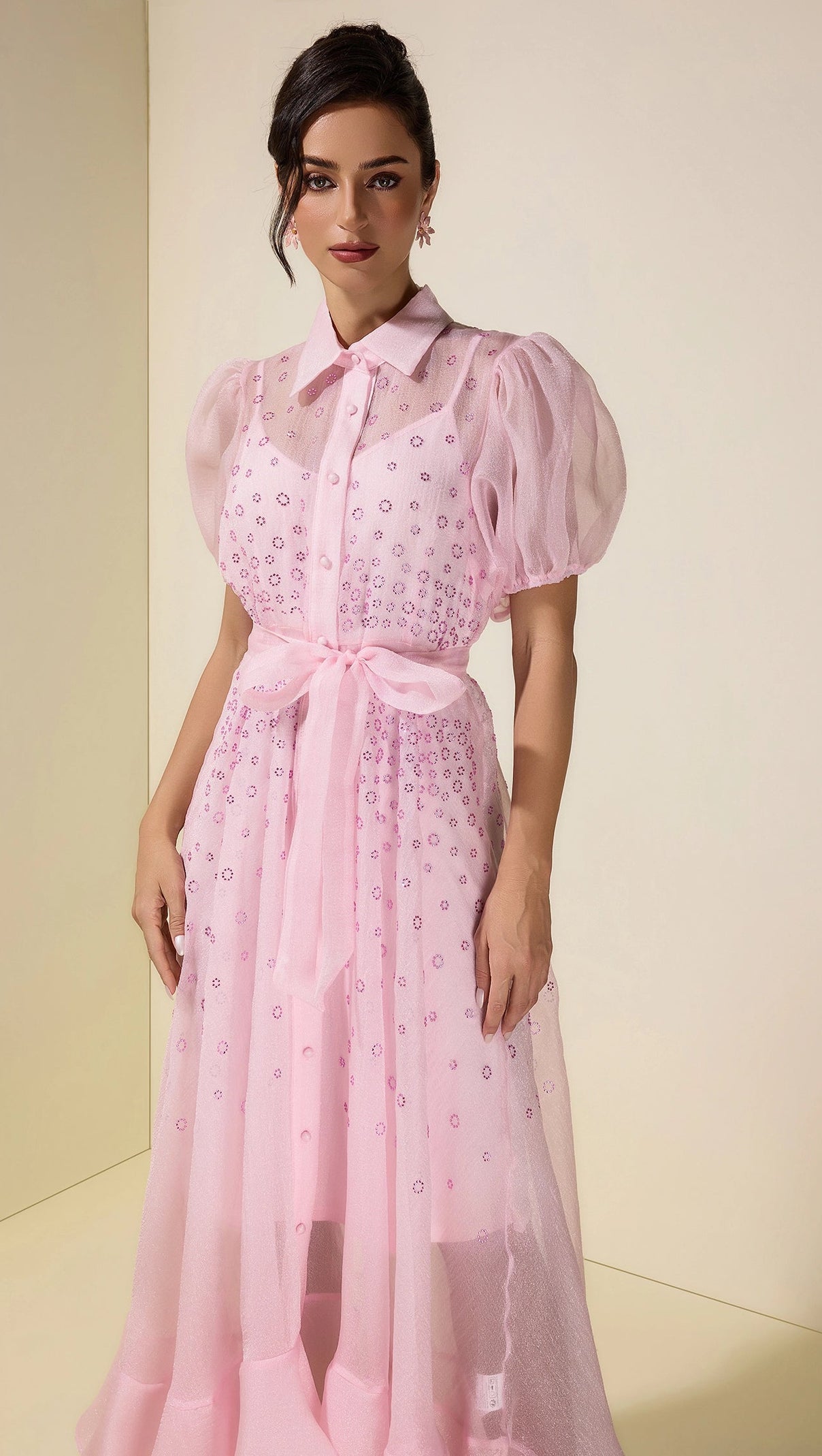 sylvia Rhinestone Puff Sleeve Maxi Dress With Belt - pink